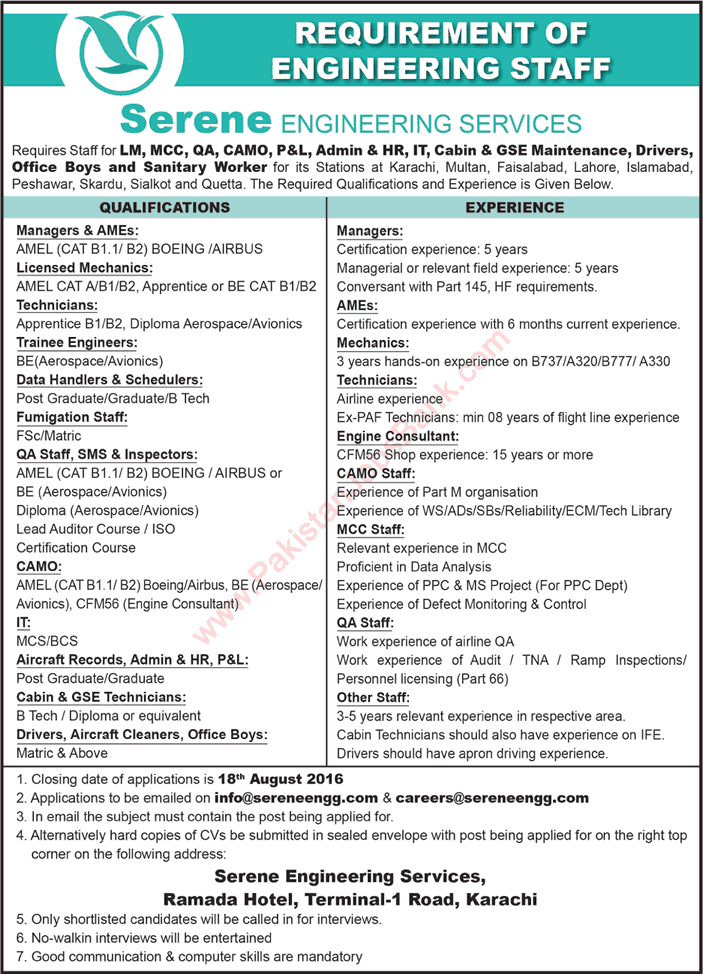 Serene Engineering Services Pakistan Jobs 2016 August Trainee Engineers